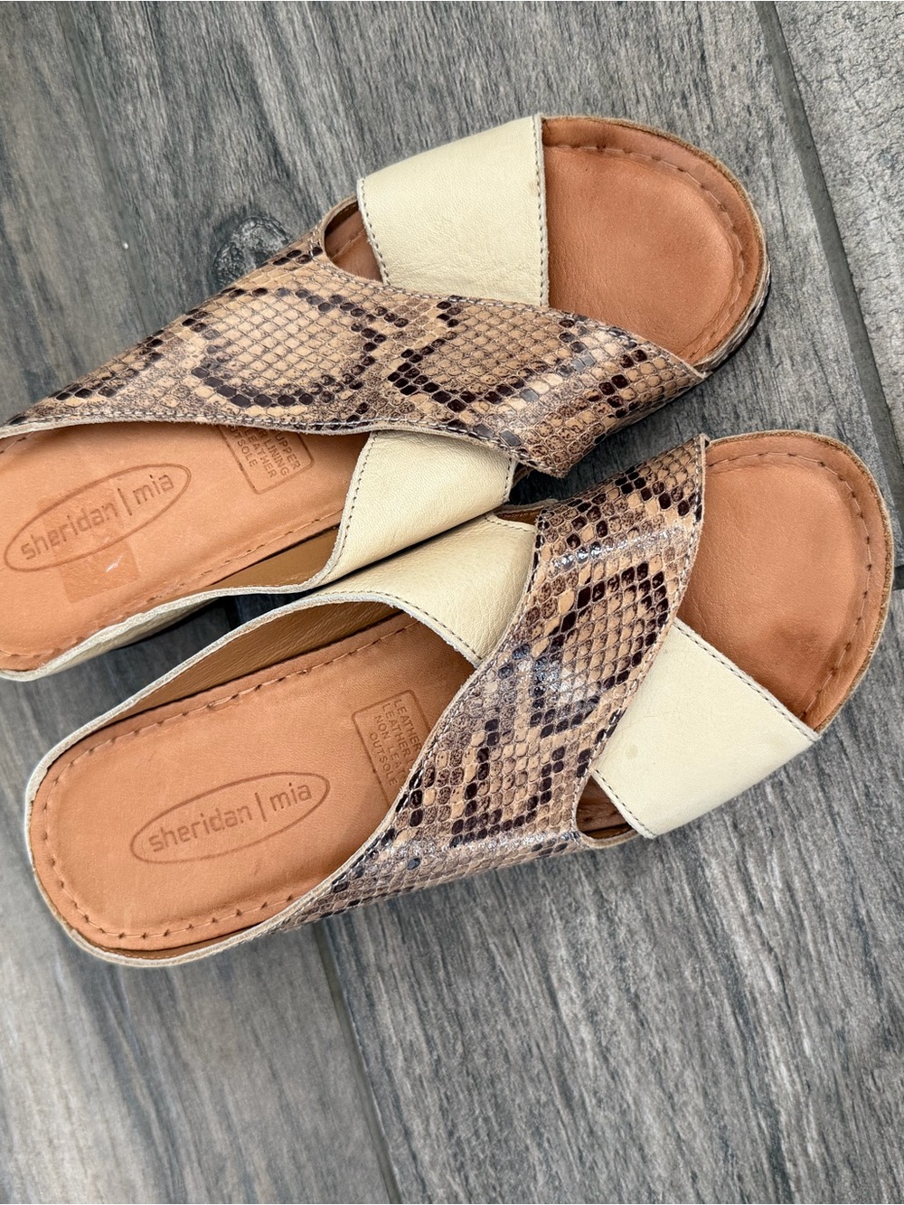 MIA Sheridan leather Tan Snake-Print & Cream Crossover Slide Sandals